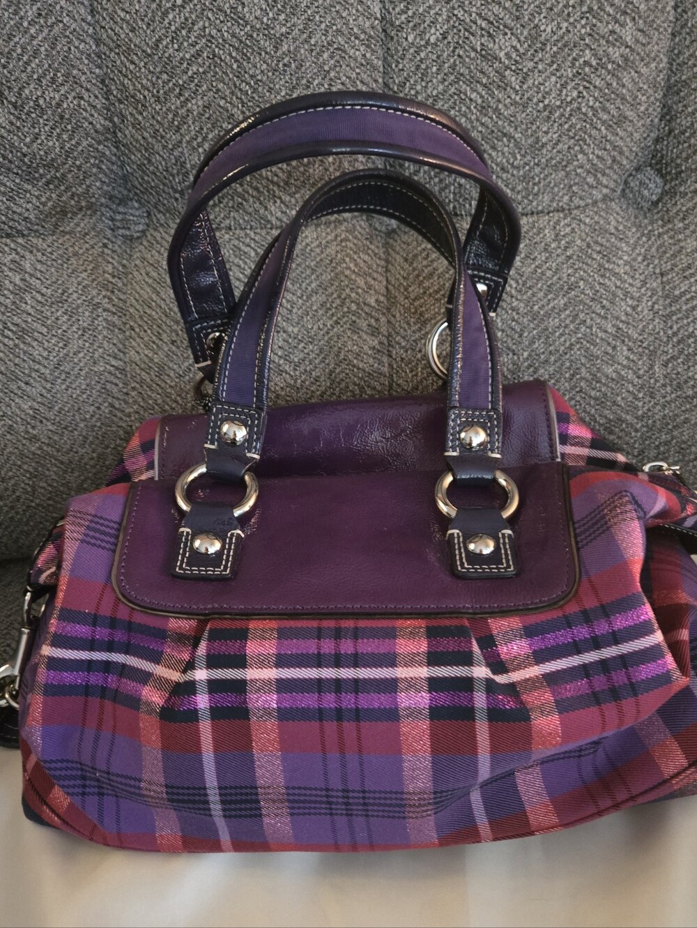 Vintage Coach Poppy Purple Plaid Satchel with Purple Trim - Picture 3 of 6